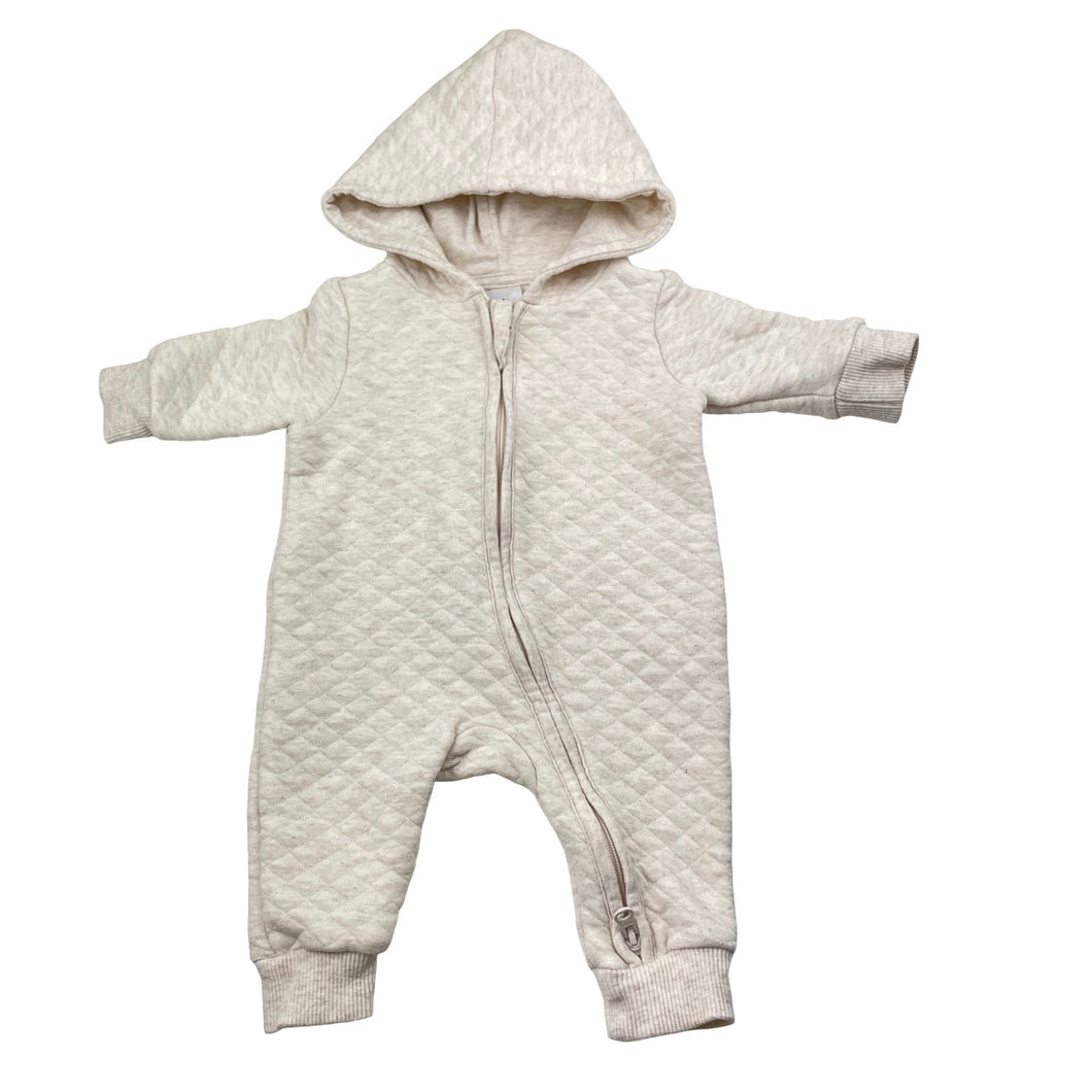 Unisex Target, oatmeal marle zip up hooded romper, GUC, size 0000,  