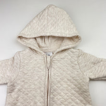 Load image into Gallery viewer, Unisex Target, oatmeal marle zip up hooded romper, GUC, size 0000,  