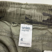 Load image into Gallery viewer, Boys Anko, lightweight khaki camo print pants, elasticated, Inside leg: 41cm, FUC, size 4,  