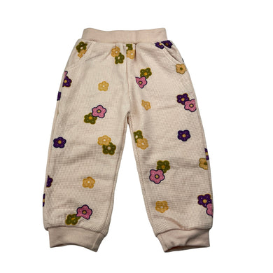 Girls floral, waffle casual pants, elasticated, no size, Inside leg: 27cm, EUC, size 1-2,  