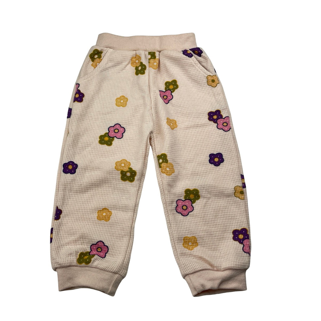 Girls floral, waffle casual pants, elasticated, no size, Inside leg: 27cm, EUC, size 1-2,  