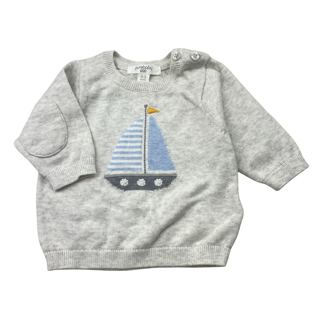 Boys purebaby, knitted organic cotton sweater / jumper, small light mark, FUC, size 000,  