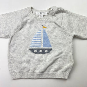 Boys purebaby, knitted organic cotton sweater / jumper, small light mark, FUC, size 000,  