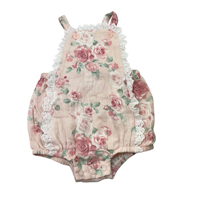 Girls Baby Baby, broderie trim floral cotton romper, EUC, size 0,  