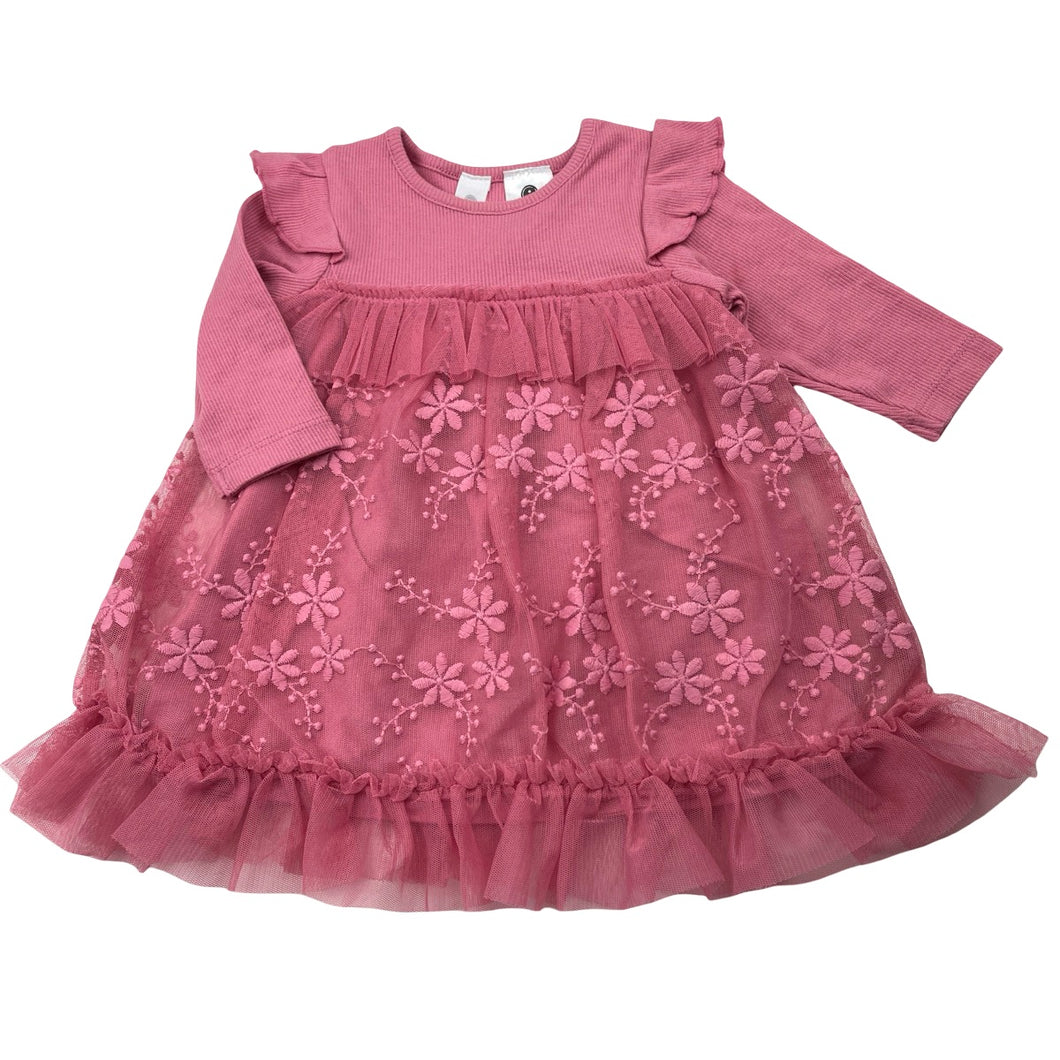Girls Dymples, embroidered tulle long sleeve dress, EUC, size 000, L: 36cm
