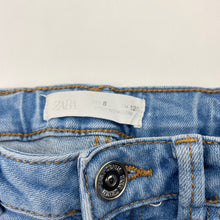 Load image into Gallery viewer, Girls Zara, blue stretch denim jeans, adjustable, Inside leg: 54.5cm, marks right leg, FUC, size 8,  