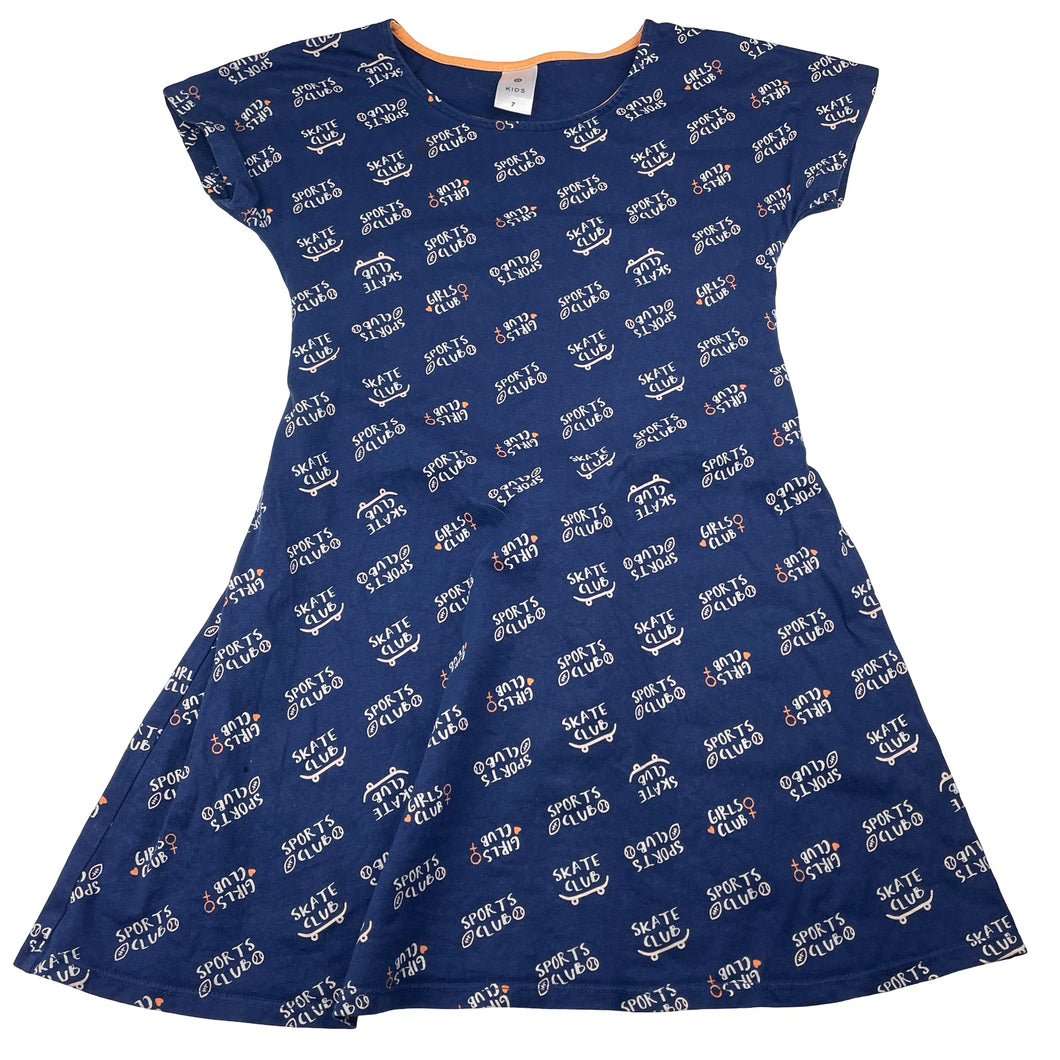 Girls Target, navy cotton casual dress, mark at neck, FUC, size 7, L: 60cm
