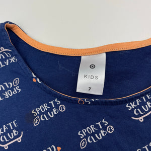 Girls Target, navy cotton casual dress, mark at neck, FUC, size 7, L: 60cm