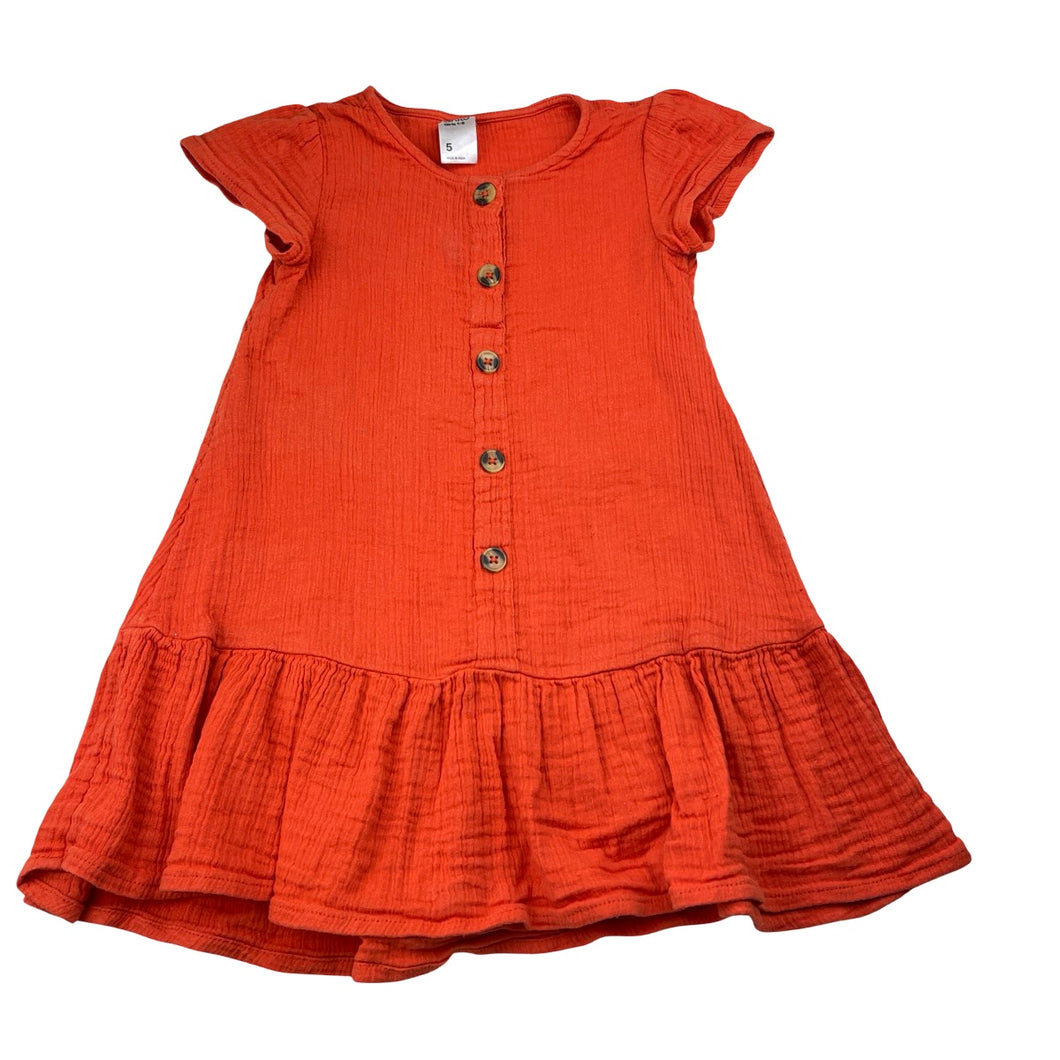 Girls Anko, orange crinkle cotton dress, wash fade, FUC, size 5, L: 51cm