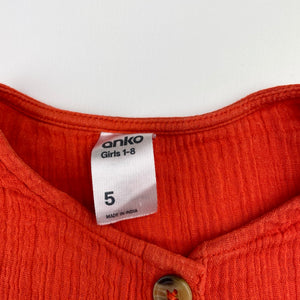 Girls Anko, orange crinkle cotton dress, wash fade, FUC, size 5, L: 51cm