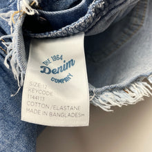 Load image into Gallery viewer, Girls 1964 Denim Co, distressed stretch denim shortalls, pink marks, FUC, size 12,  