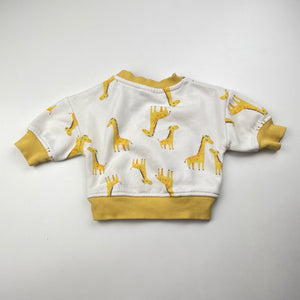 Unisex Baby Berry, fleece lined sweater / jumper, giraffes, small mark back right sleeve, FUC, size 0000,  