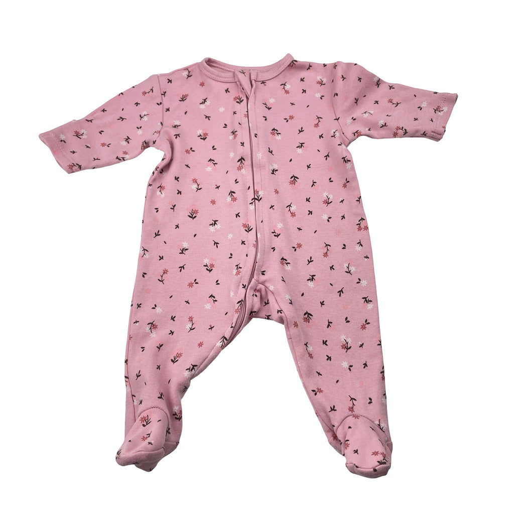 Girls pink, floral cotton zip coverall / romper, GUC, size 0000,  
