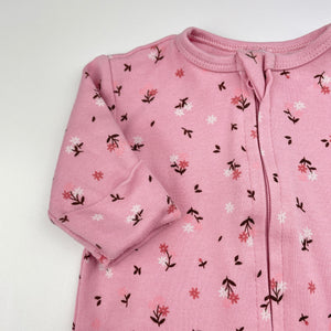 Girls pink, floral cotton zip coverall / romper, GUC, size 0000,  