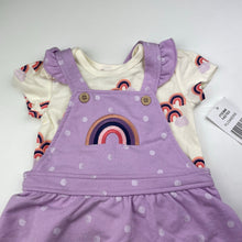Load image into Gallery viewer, Girls Pekkle, embroidered overalls dress, L: 40cm + bodysuit/romper, rainbows, NEW, size 6 months,  