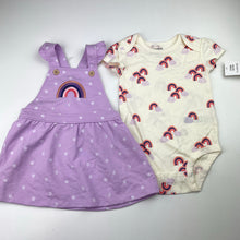 Load image into Gallery viewer, Girls Pekkle, embroidered overalls dress, L: 40cm + bodysuit/romper, rainbows, NEW, size 6 months,  