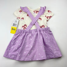 Load image into Gallery viewer, Girls Pekkle, embroidered overalls dress, L: 40cm + bodysuit/romper, rainbows, NEW, size 6 months,  
