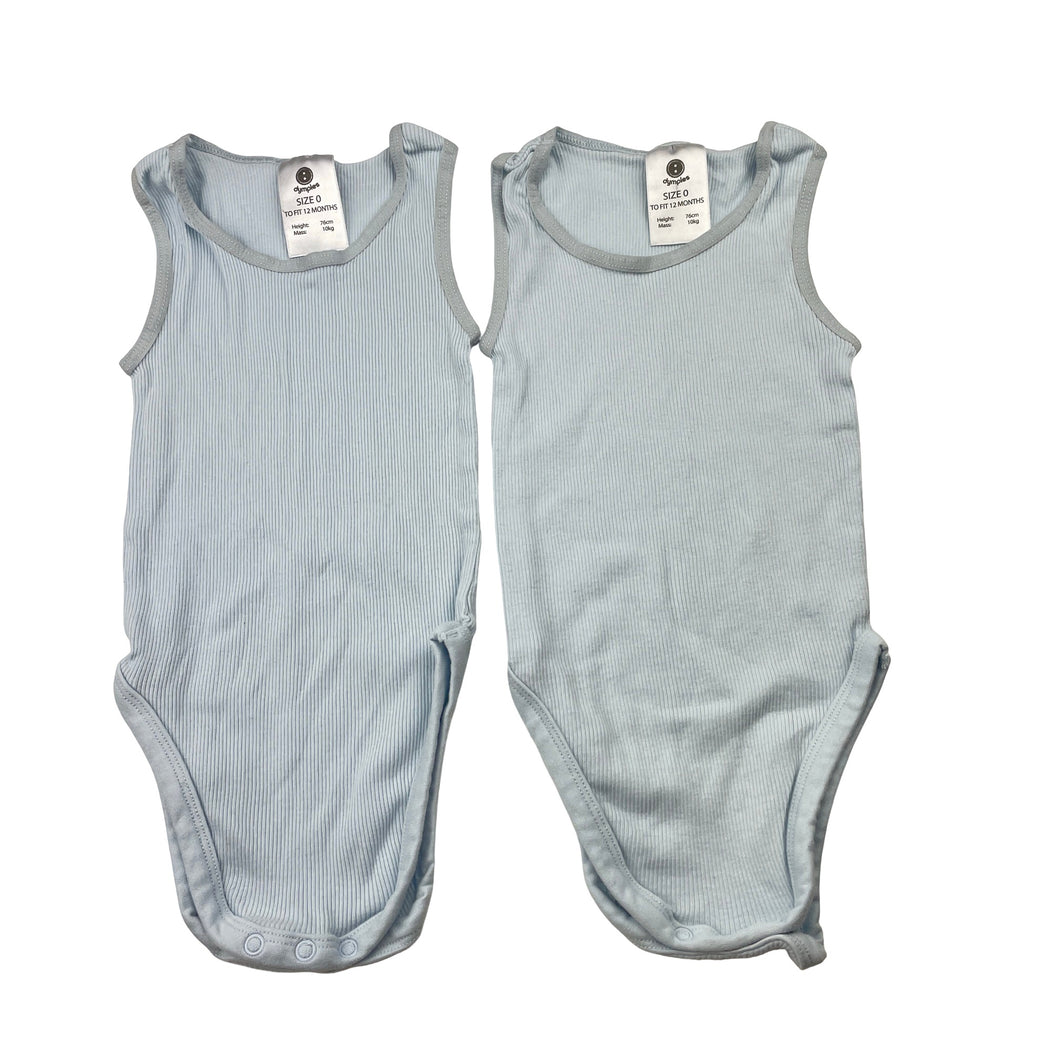 Unisex Dymples, set of 2 ribbed organic cotton singletsuits, GUC, size 0,  