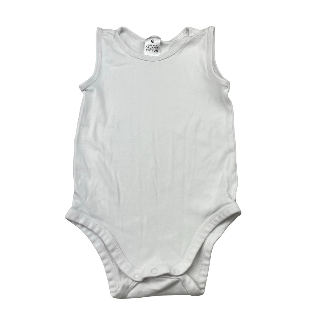 Unisex Target, white organic cotton bodysuit / romper, EUC, size 1,  