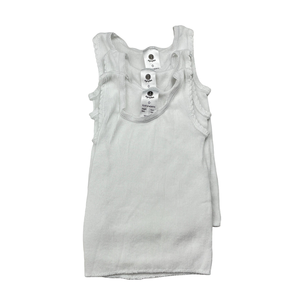 Unisex Dymples, set of 3 white ribbed cotton singlets, GUC, size 0,  