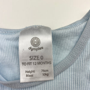 Unisex Dymples, blue ribbed organic cotton singletsuit, EUC, size 0,  