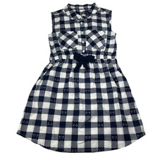 Load image into Gallery viewer, Girls lightweight, navy check shirt dress, cats, no labels, armpit to armpit: 32cm, EUC, size 6-7, L: 60cm