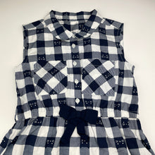 Load image into Gallery viewer, Girls lightweight, navy check shirt dress, cats, no labels, armpit to armpit: 32cm, EUC, size 6-7, L: 60cm