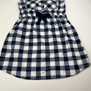 Girls lightweight, navy check shirt dress, cats, no labels, armpit to armpit: 32cm, EUC, size 6-7, L: 60cm