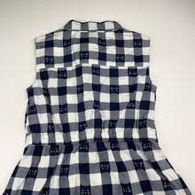 Load image into Gallery viewer, Girls lightweight, navy check shirt dress, cats, no labels, armpit to armpit: 32cm, EUC, size 6-7, L: 60cm