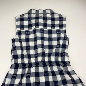 Girls lightweight, navy check shirt dress, cats, no labels, armpit to armpit: 32cm, EUC, size 6-7, L: 60cm
