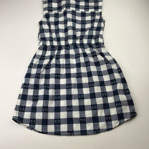 Girls lightweight, navy check shirt dress, cats, no labels, armpit to armpit: 32cm, EUC, size 6-7, L: 60cm