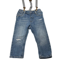 Load image into Gallery viewer, Boys H&amp;M, distressed denim jeans, adjustable, braces, Inside leg: 26.5cm, GUC, size 1,  