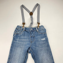 Load image into Gallery viewer, Boys H&amp;M, distressed denim jeans, adjustable, braces, Inside leg: 26.5cm, GUC, size 1,  