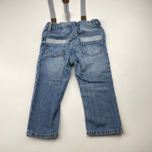 Load image into Gallery viewer, Boys H&amp;M, distressed denim jeans, adjustable, braces, Inside leg: 26.5cm, GUC, size 1,  