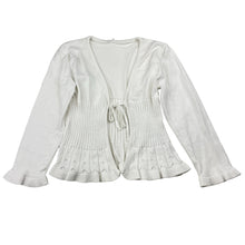 Load image into Gallery viewer, Girls white, knitted cotton cardigan, no labels, armpit to armpit: 28cm, shoulder to cuff: 35cm, GUC, size 4-5,  