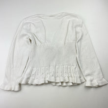 Load image into Gallery viewer, Girls white, knitted cotton cardigan, no labels, armpit to armpit: 28cm, shoulder to cuff: 35cm, GUC, size 4-5,  