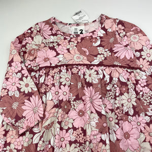Girls Cotton On, floral cotton long sleeve dress, NEW, size 2, L: 50cm