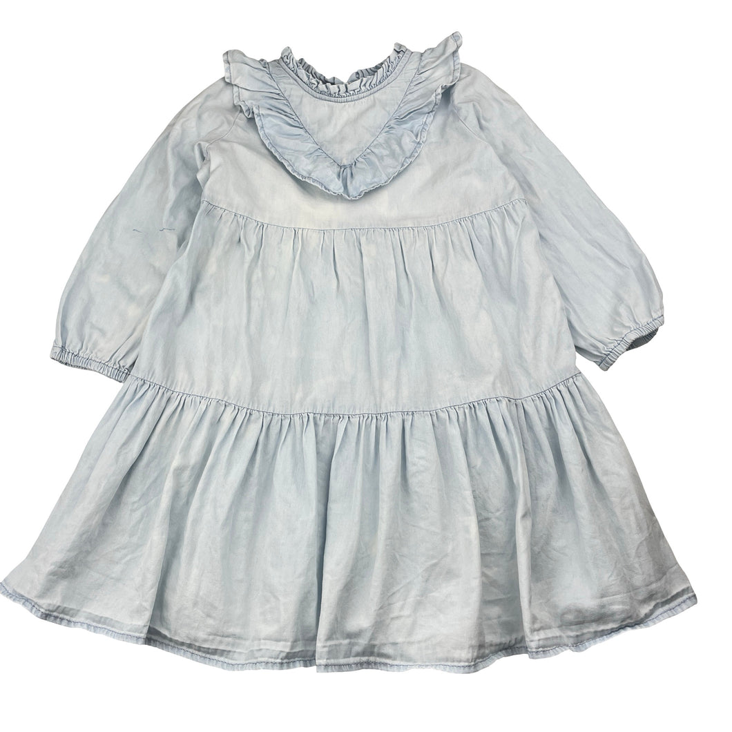 Girls Cotton On, chambray cotton long sleeve dress, mark right sleeve, FUC, size 4, L: 58cm