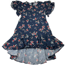 Load image into Gallery viewer, Girls Witchery, viscose navy floral ruffle dress, wash fade, FUC, size 7, L: 60cm at front