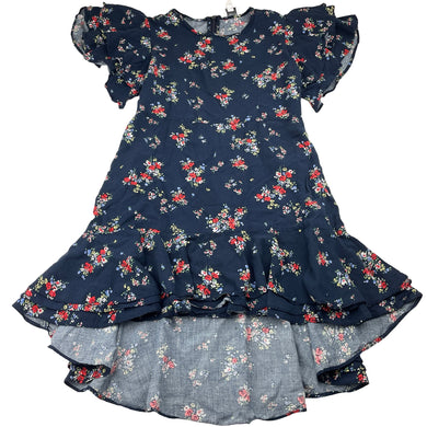Girls Witchery, viscose navy floral ruffle dress, wash fade, FUC, size 7, L: 60cm at front