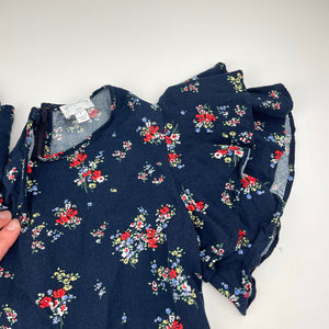 Girls Witchery, viscose navy floral ruffle dress, wash fade, FUC, size 7, L: 60cm at front