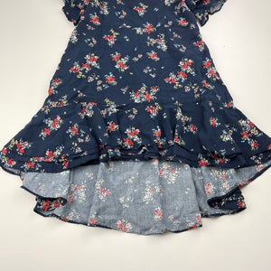 Girls Witchery, viscose navy floral ruffle dress, wash fade, FUC, size 7, L: 60cm at front