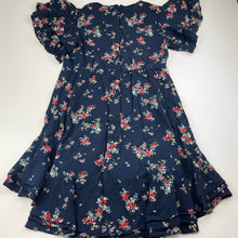 Load image into Gallery viewer, Girls Witchery, viscose navy floral ruffle dress, wash fade, FUC, size 7, L: 60cm at front