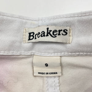 Girls Breakers, stretch denim high waist shorts, adjustable, mark front right hem, FUC, size 9,  