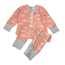 Load image into Gallery viewer, Girls Love to Dream, stretchy zip romper, narwhals, light marks knees, FUC, size 1,  