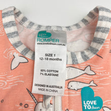 Load image into Gallery viewer, Girls Love to Dream, stretchy zip romper, narwhals, light marks knees, FUC, size 1,  