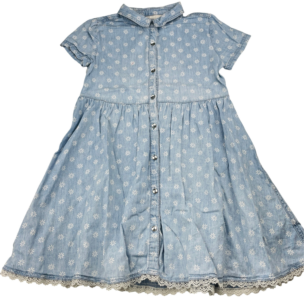 Girls 1964 Denim Co, floral chambray cotton shirt dress, mark on chest, FUC, size 6, L: 61cm