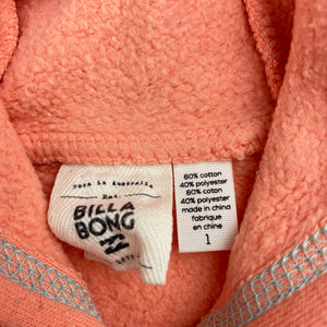 Girls BILLABONG, coral fleece lined hoodie sweater, mark back right sleeve, FUC, size 1,  