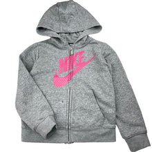 Load image into Gallery viewer, Girls Nike, grey marle zip hoodie sweater, purple mark front, FUC, size 5-6,  