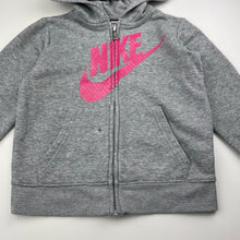 Load image into Gallery viewer, Girls Nike, grey marle zip hoodie sweater, purple mark front, FUC, size 5-6,  